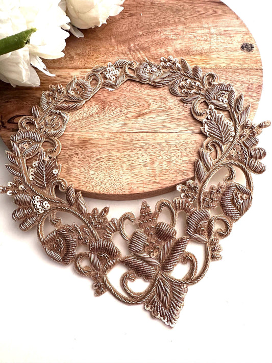 Hand Embroidered Zardozi Neck Patch Gold Applique for Necklines & Bridal Wear floral embroidery