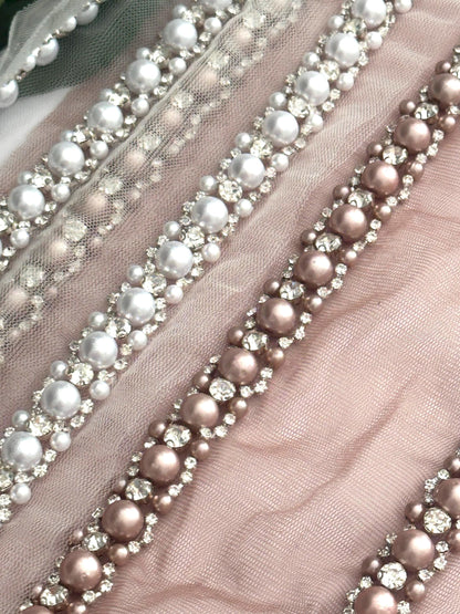 Pearl Rhinestone Bead Trim Handmade Embroidered Lace Wedding Veil