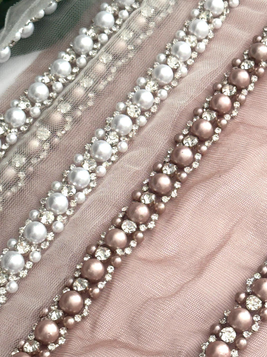 Pearl Rhinestone Bead Trim Handmade Embroidered Lace Wedding Veil