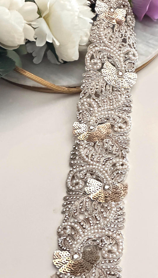 Handcrafted Indian Pearl Embroidery Border for Wedding Sari Vintage-Inspired Zircon Cutwork