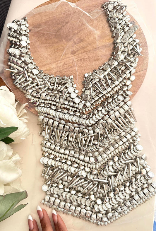 Metal Beaded Costume Neckline Patch Hand Made Collar Design Applique Neckline Trim Beaded Patch