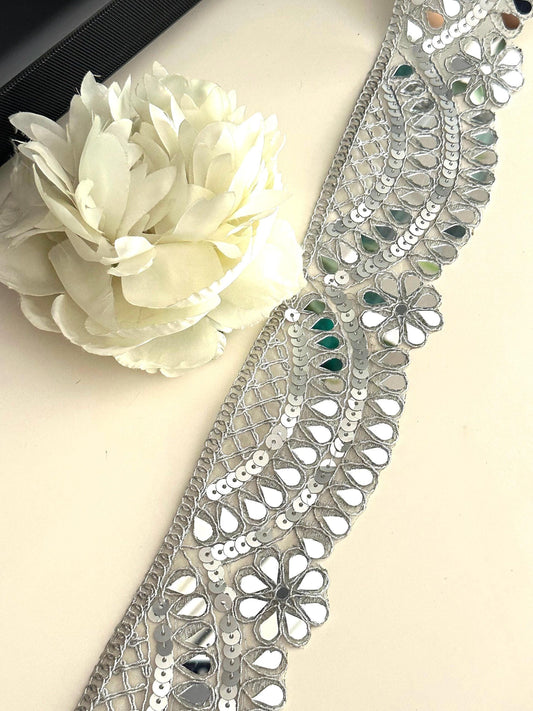7cm Silver Scalloped Mirror Trim Cutwork Choker Band Indian Sequin Embroidered Border Waist Belt