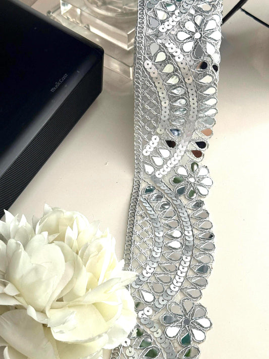 7cm Silver Scalloped Mirror Trim Cutwork Choker Band Indian Sequin Embroidered Border Waist Belt