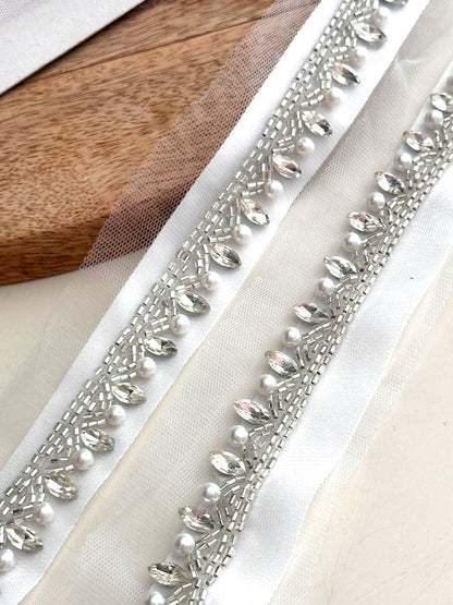 Silver beaded trim with pearl & crystal hand-embroidered lace Embellished Ribbon