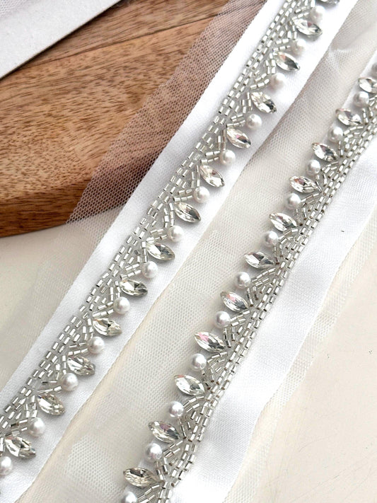 Silver beaded trim with pearl & crystal hand-embroidered lace Embellished Ribbon