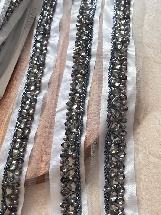 Sparkling Grey Rhinestone Lace Bridal Crystal Pearl Bead Applique Shoulder Strap Veil Edging