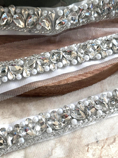 Sparkling Grey Rhinestone Lace Bridal Crystal Pearl Bead Applique Shoulder Strap Veil Edging