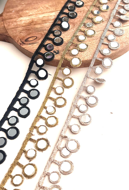Black Round Mirror Trim Indian Sari Border Craft Supply DIY Jewelry Embellishment Border