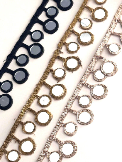 Black Round Mirror Trim Indian Sari Border Craft Supply DIY Jewelry Embellishment Border