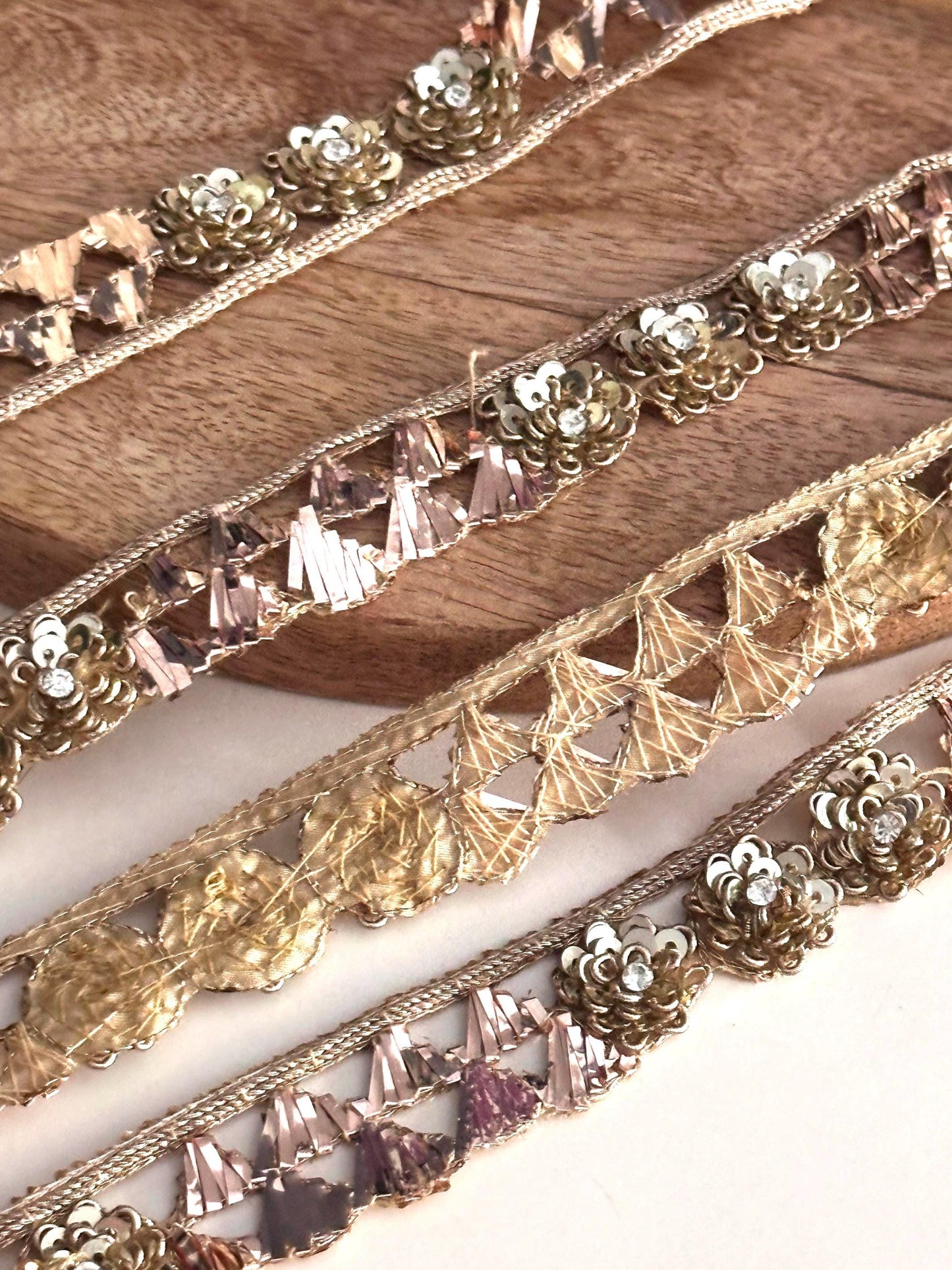 Vintage Look Handmade Sequin Lace Metallic ThreadWork Gold Trim