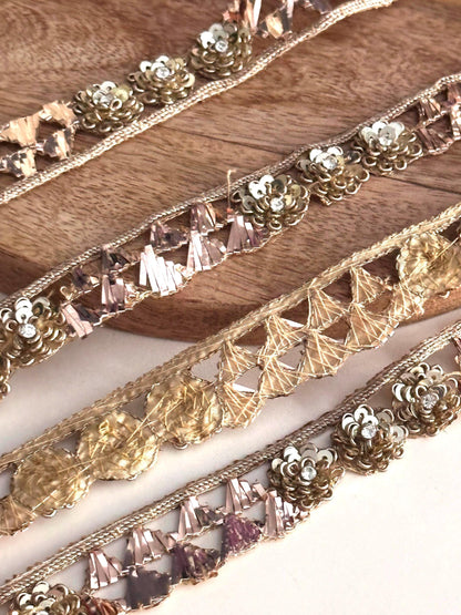 Vintage Look Handmade Sequin Lace Metallic ThreadWork Gold Trim