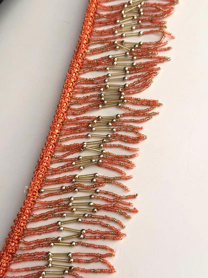 Handmade Bohemian Style Orange & Gold Beaded Fringe Trim Delicate Choker Jewelry Seed Bead Fringe