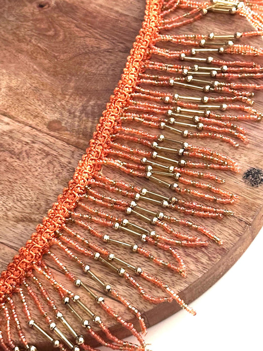 Handmade Bohemian Style Orange & Gold Beaded Fringe Trim Delicate Choker Jewelry Seed Bead Fringe