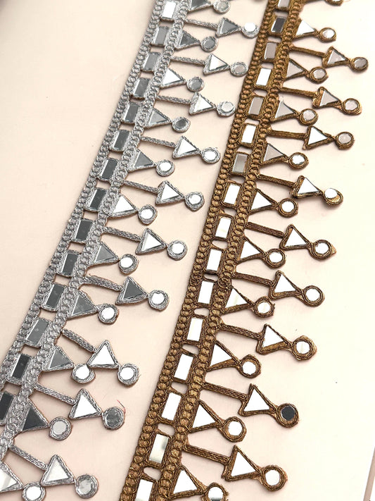 Indian Embellished Mirror Trim Geometric Fabric Lace  For Saree Border Jewellery