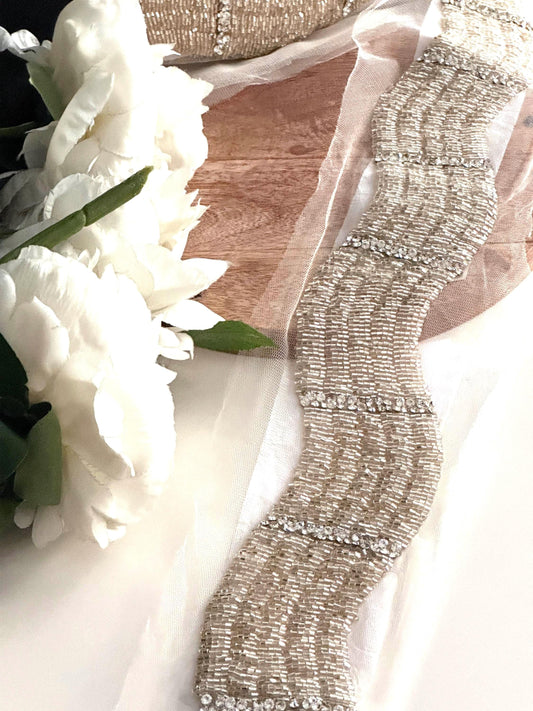 Luxury Rhinestone Trim Broad Glass Bead Wedding Gown Applique Lace For Dancer Prom Dress