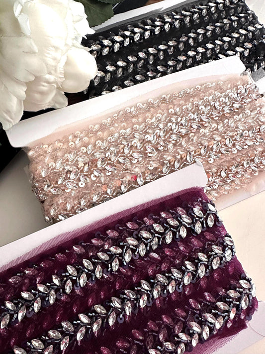 Crystal Beaded Edge Trim with Rhinestone Pearl Leaves for Crafting Sewing Assorted Color