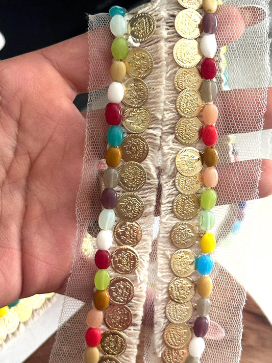 Coin & Colorful Bead Trim Handcrafted Boho Fringe with Sheer Mesh Costume cotton tassel