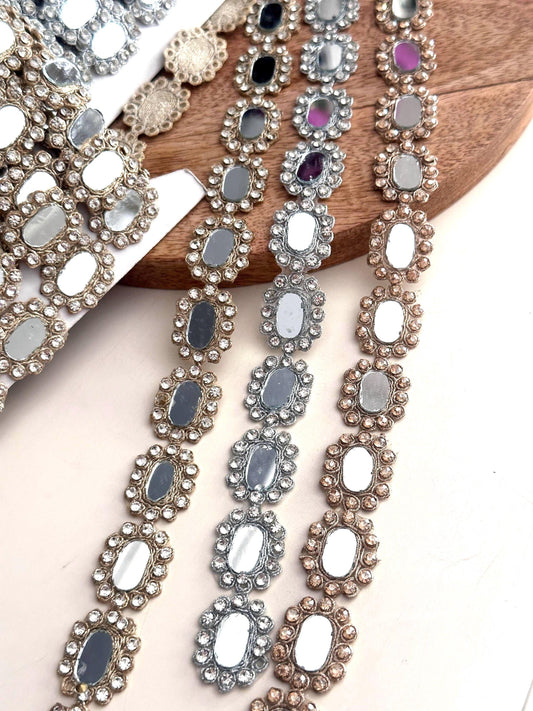 Oval Mirror Rhinestone Trim Lace Handcrafted Silver Gold Embellished Border Bridal Trim