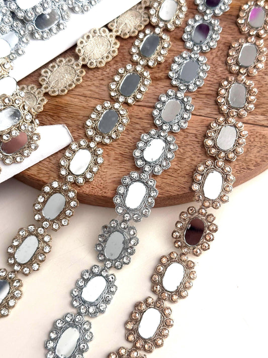 Oval Mirror Rhinestone Trim Lace Handcrafted Silver Gold Embellished Border Bridal Trim