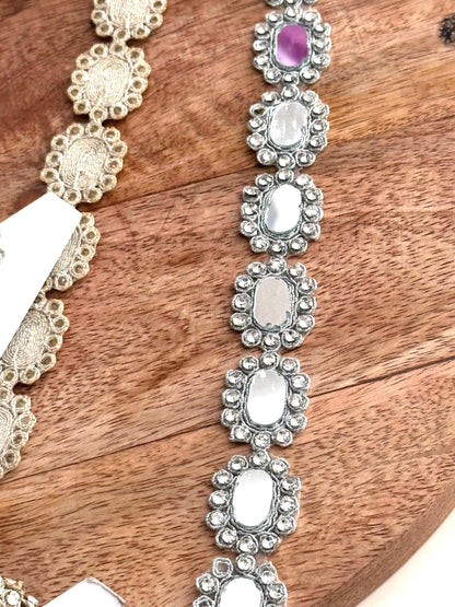 Oval Mirror Rhinestone Trim Lace Handcrafted Silver Gold Embellished Border Bridal Trim