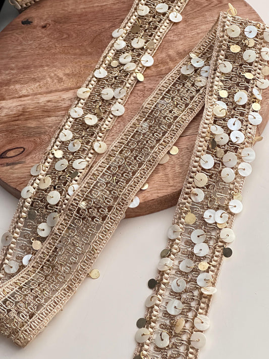 Gold Embroidery lace Handmade Pearl Metal Tassel Embellished Boho Trim for Jewelry Waist Belt