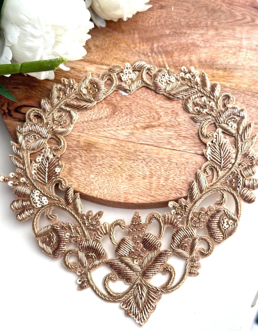 Hand Embroidered Zardozi Neck Patch Gold Applique for Necklines & Bridal Wear floral embroidery
