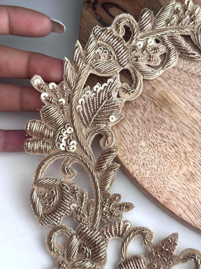 Hand Embroidered Zardozi Neck Patch Gold Applique for Necklines & Bridal Wear floral embroidery