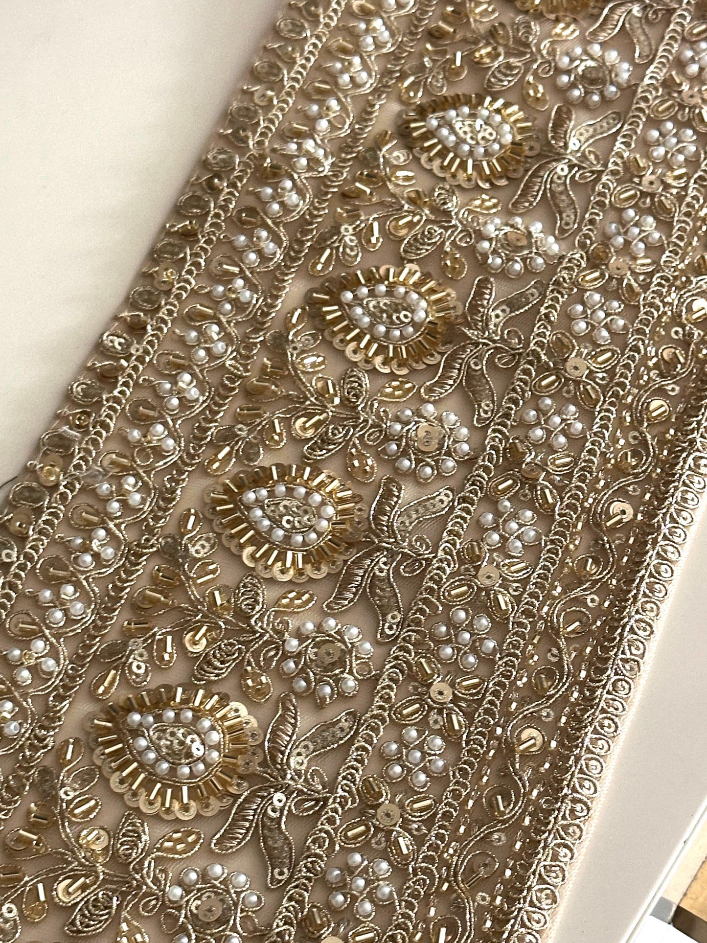 Pearl and Sequin Embroidery Trim Gold