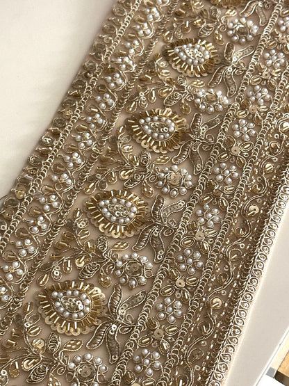 Pearl and Sequin Embroidery Trim Gold