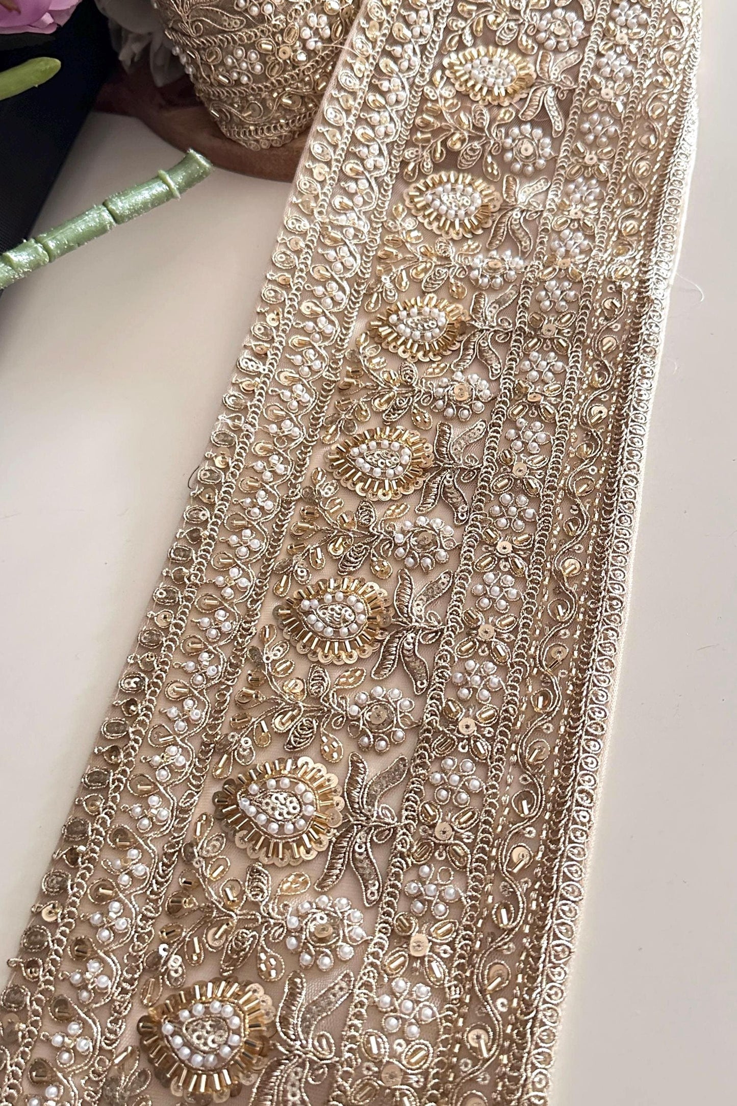 Pearl and Sequin Embroidery Trim Gold