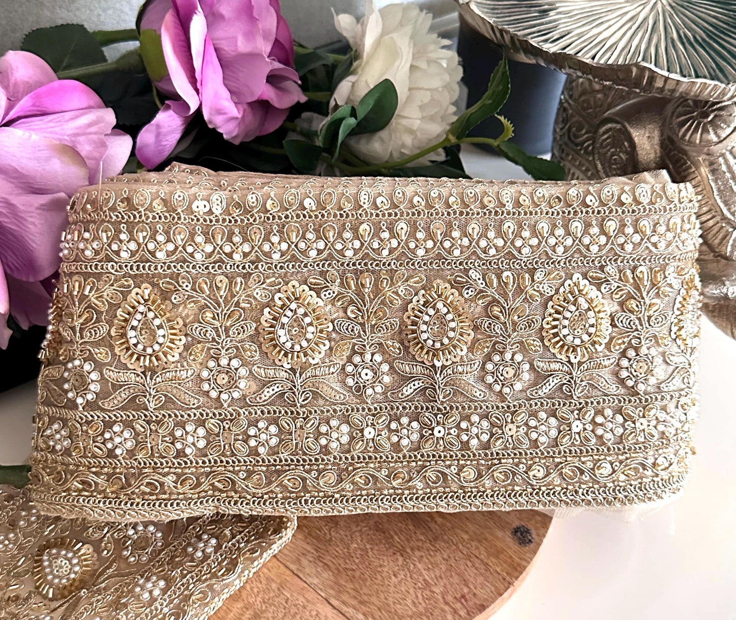 Pearl and Sequin Embroidery Trim Gold
