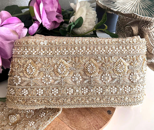 Gold Pearl and Sequin Embroidery Indian Bridal Trim Floral Applique for Wedding Dress