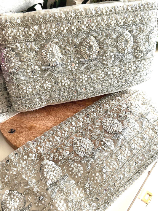 Luxury Silver Beaded Embroidery Fabric Trim Vintage look Pearl Floral Pattern Indian Saree Border