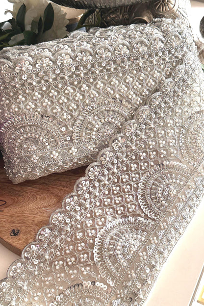 Silver Pearl Bead Lace Trim Bridal Sequin Embellished Scallop Edge Fabric Vintage Look