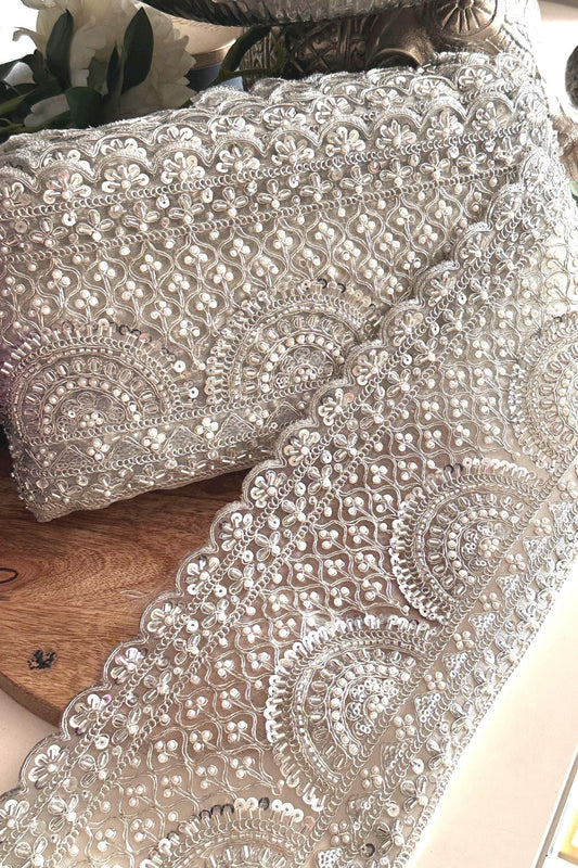 Silver Pearl Bead Lace Trim Bridal Sequin Embellished Scallop Edge Fabric Vintage Look