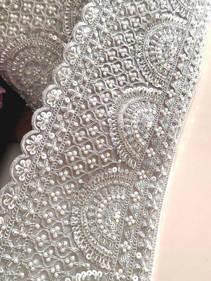 Silver Pearl Bead Lace Trim Bridal Sequin Embellished Scallop Edge Fabric Vintage Look