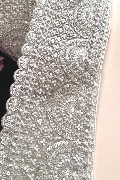 Silver Pearl Bead Lace Trim Bridal Sequin Embellished Scallop Edge Fabric Vintage Look