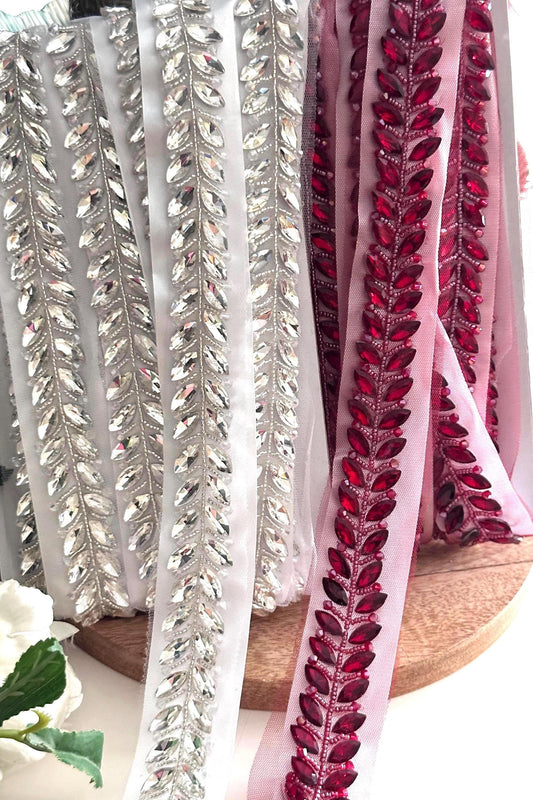 Luxury Crystal Red Beaded Trim Handmade Lace Wedding Dress Sash Headband