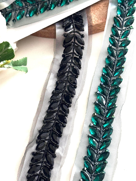 Black Emerald Crystal Trim Bridal Rhinestone Beaded Embellishment Lace