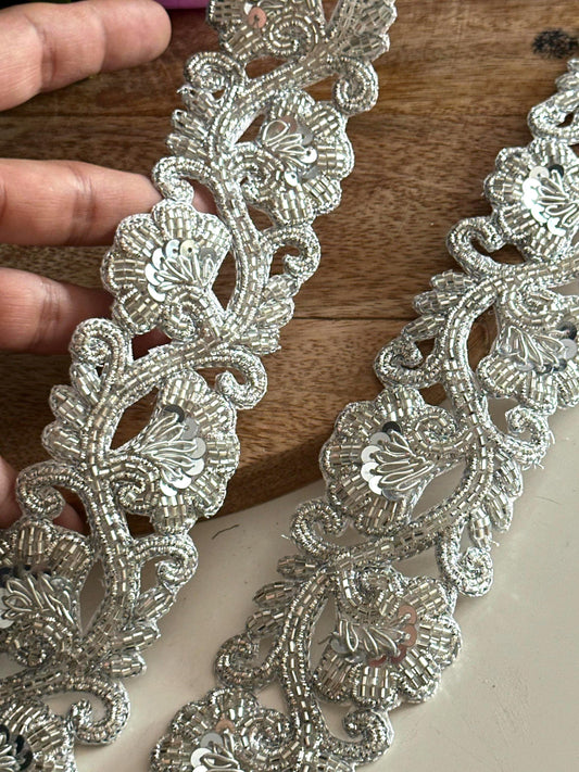 Luxury Hand Embroidered Floral Border Lace Vintage Look Glass Bead Applique