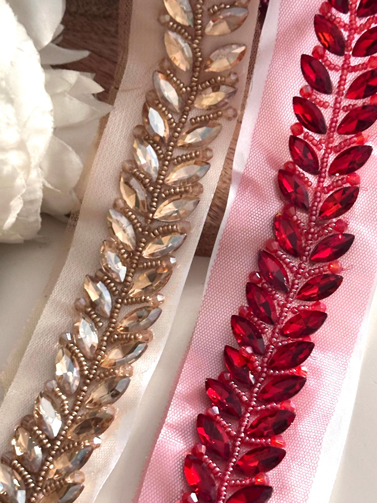 Rhinestone Leaf Ribbon Bridal Red & Gold Decorative Trim Costume Lace Wedding Sash