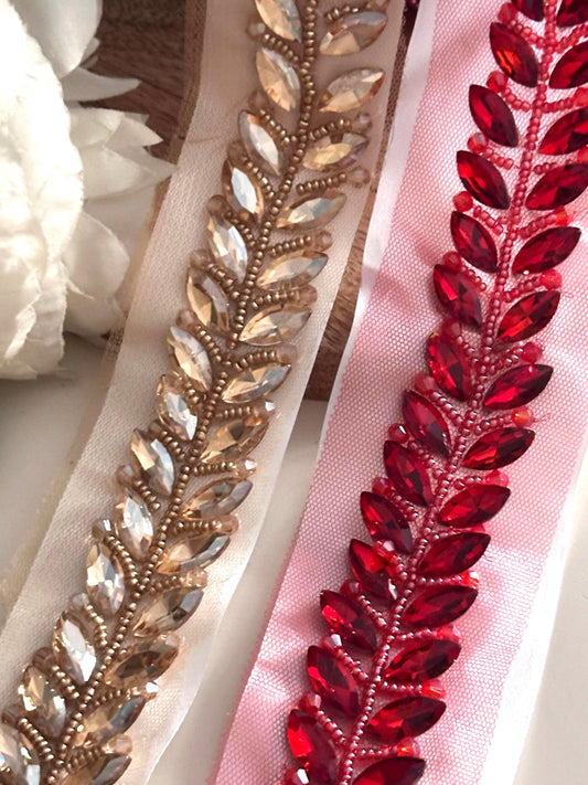 Rhinestone Leaf Ribbon Bridal Red & Gold Decorative Trim Costume Lace Wedding Sash
