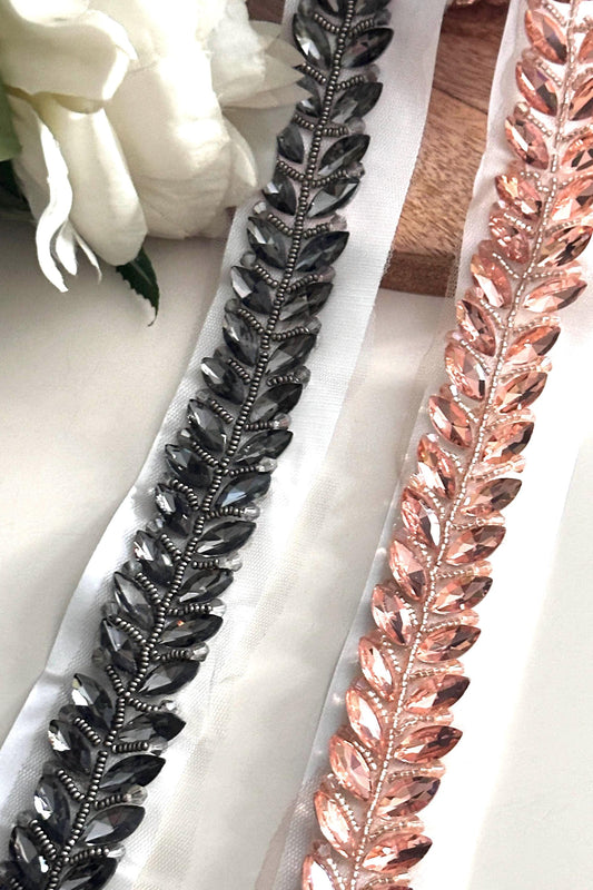 Crystal Beaded Leaf Applique Hand Embroidered Trim Wedding Dress Rhinestone Lace
