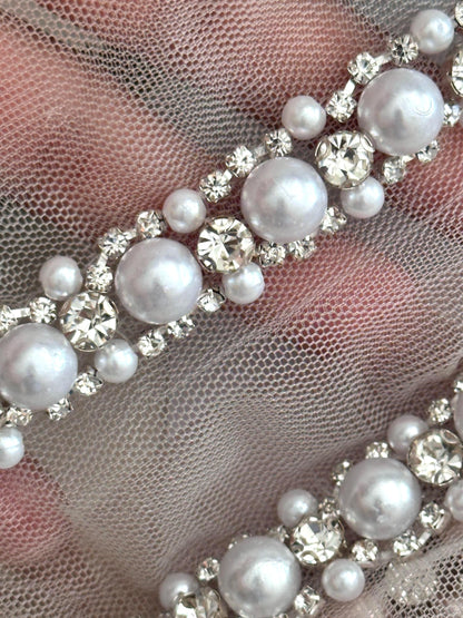 Pearl Rhinestone Bead Trim Handmade Embroidered Lace Wedding Veil