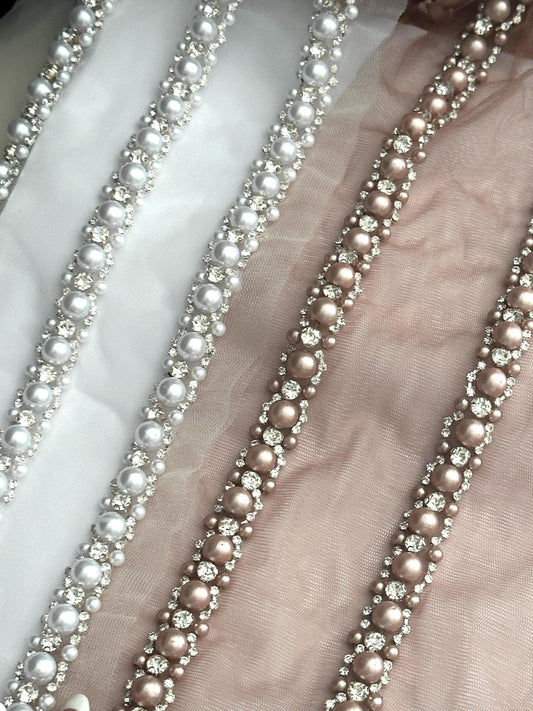 Pearl Rhinestone Bead Trim Handmade Embroidered Lace Wedding Veil