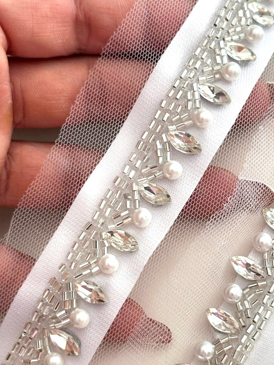 Silver beaded trim with pearl & crystal hand-embroidered lace Embellished Ribbon