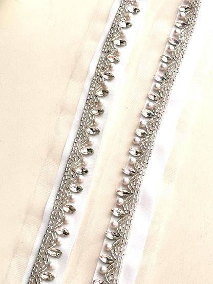 Silver beaded trim with pearl & crystal hand-embroidered lace Embellished Ribbon