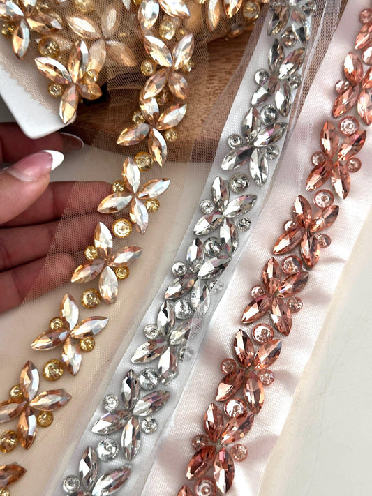 Premium Crystal Floral Trim Exquisite Rhinestone Embellishment for Bridal Sash