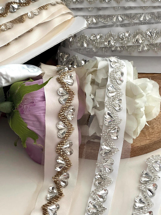 Rhinestone Wedding Belt Applique Bridal Sash Embellishment Sparkly Silver & Clear Trim by Yrd