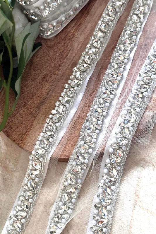 Sparkling Grey Rhinestone Lace Bridal Crystal Pearl Bead Applique Shoulder Strap Veil Edging